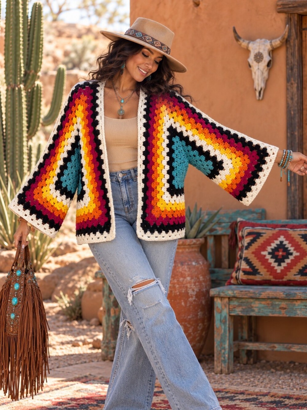 Tribal Bae Hexagon Cardigan Granny Square Wide Sleeve Boho Multicolor Handmade